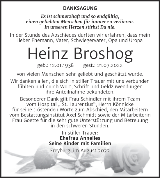 Traueranzeige von Heinz Broshog von Wochenspiegel Naumburg/Nebra