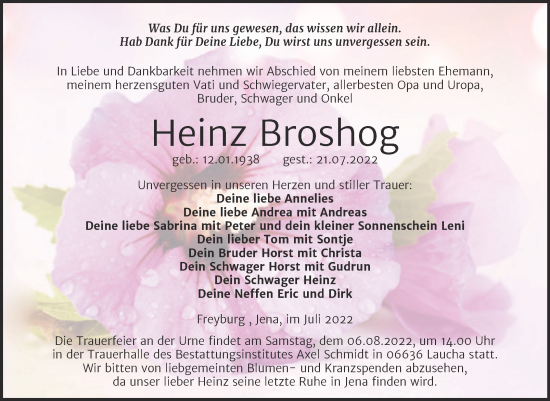 Traueranzeige von Heinz Broshog von Wochenspiegel Naumburg/Nebra