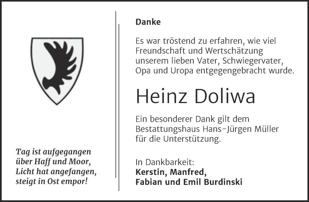  Traueranzeige für Heinz Doliwa vom 31.08.2022 aus Trauerkombi Aschersleben