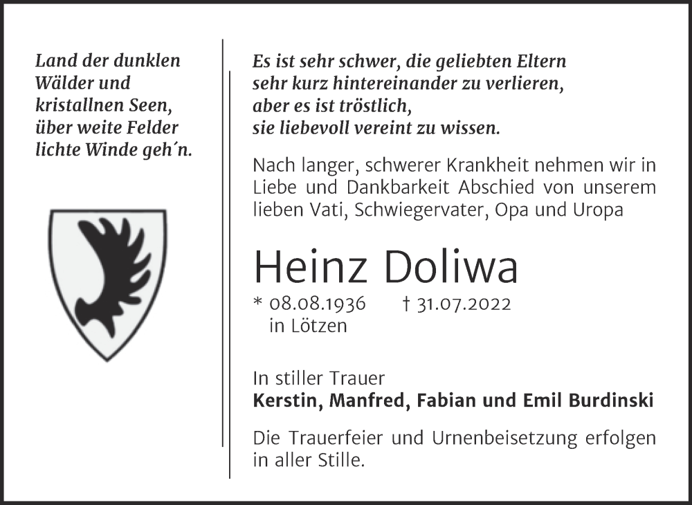  Traueranzeige für Heinz Doliwa vom 06.08.2022 aus Trauerkombi Aschersleben