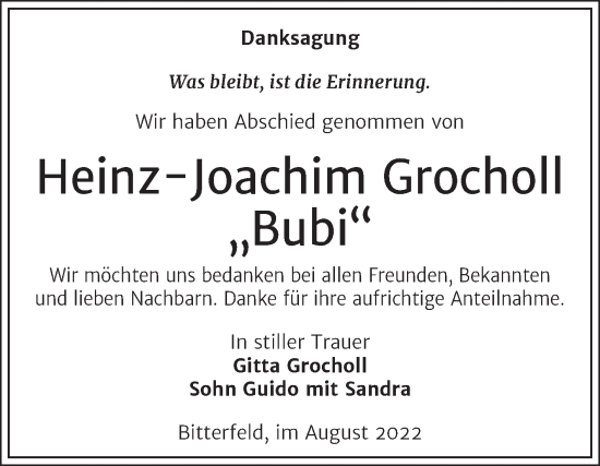 Traueranzeige von Heinz-Joachim Grocholl von Trauerkombi Bitterfeld
