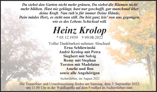 Traueranzeige von Heinz Krolop von Trauerkombi Aschersleben