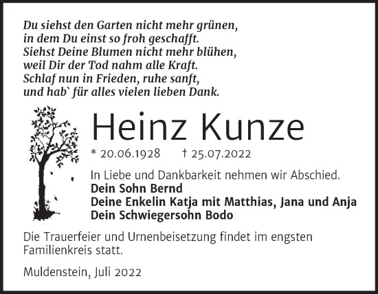 Traueranzeige von Heinz Kunze von Trauerkombi Bitterfeld
