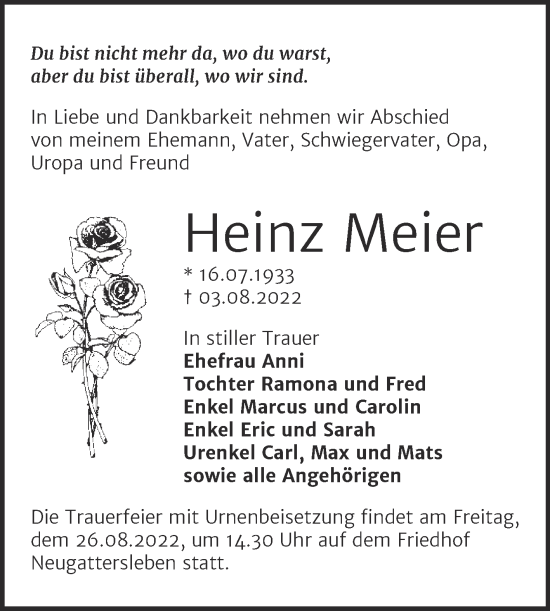 Traueranzeige von Heinz Meier von Trauerkombi Bernburg