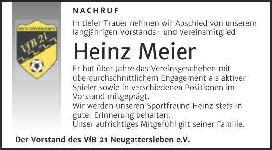 Traueranzeige von Heinz Meier von Super Sonntag Bernburg