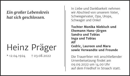 Traueranzeige von Heinz Präger von Trauerkombi Wittenberg