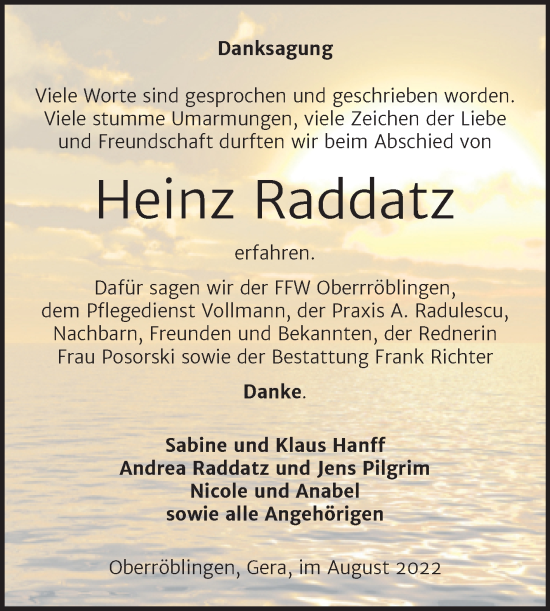 Traueranzeige von Heinz Raddatz von Mitteldeutsche Zeitung Sangerhausen