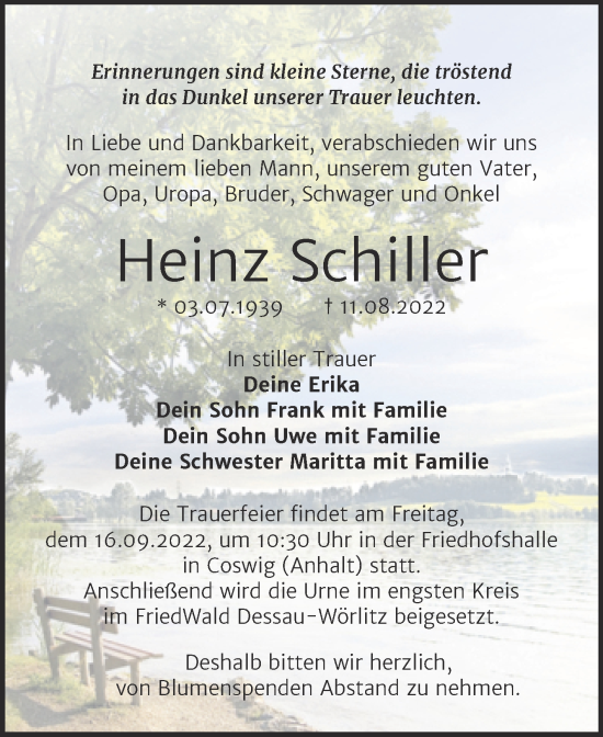Traueranzeige von Heinz Schiller von Trauerkombi Wittenberg