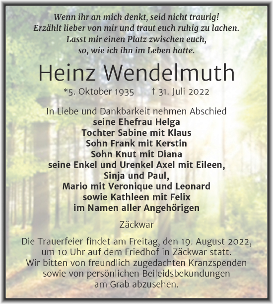 Traueranzeige von Heinz Wendelmuth von Naumburger Tageblatt