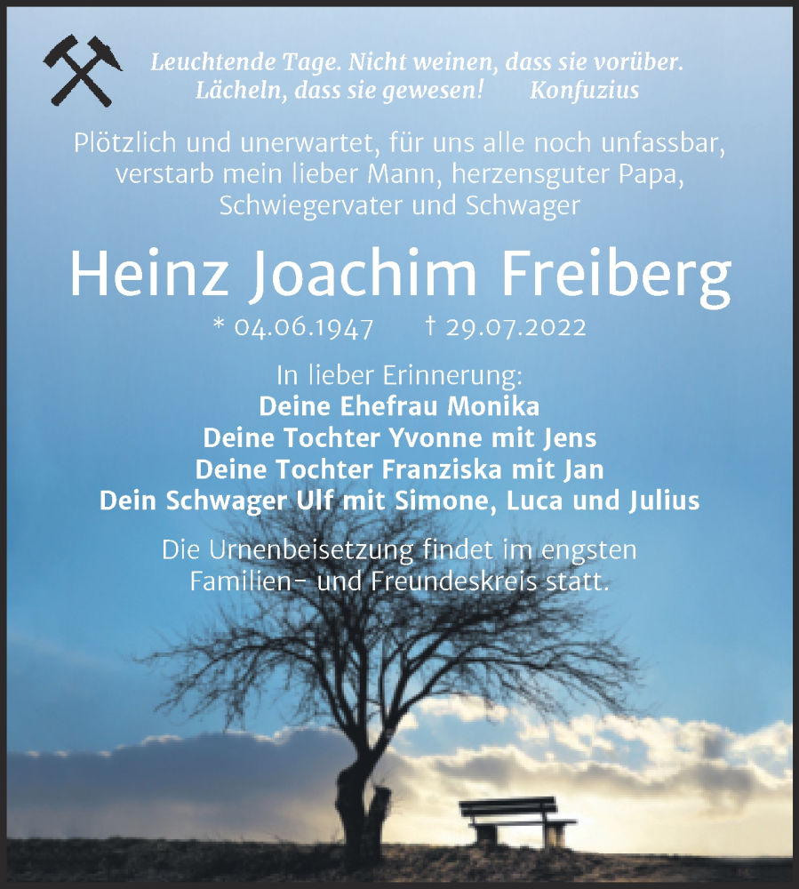  Traueranzeige für Heinz Joachim Freiberg vom 20.08.2022 aus Trauerkombi Bitterfeld