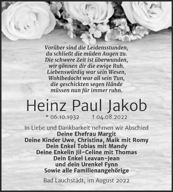Traueranzeige von Heinz Paul Jakob von Trauerkombi Merseburg