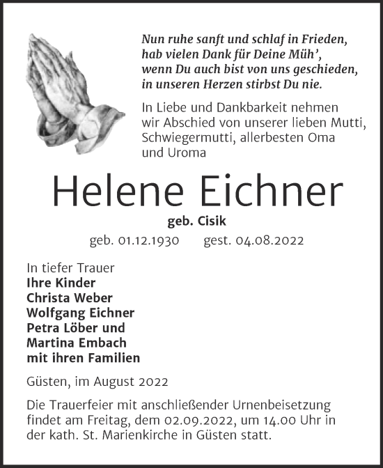 Traueranzeige von Helene Eichner von Wochenspiegel Naumburg/Nebra