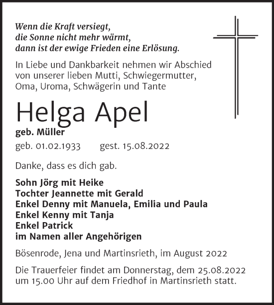 Traueranzeige von Helga Apel von Trauerkombi Sangerhausen