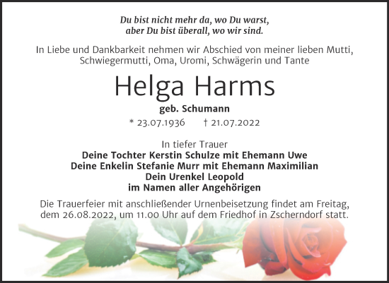 Traueranzeige von Helga Harms von Trauerkombi Bitterfeld