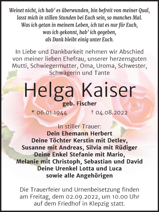 Traueranzeige von Helga Kaiser von Trauerkombi Köthen