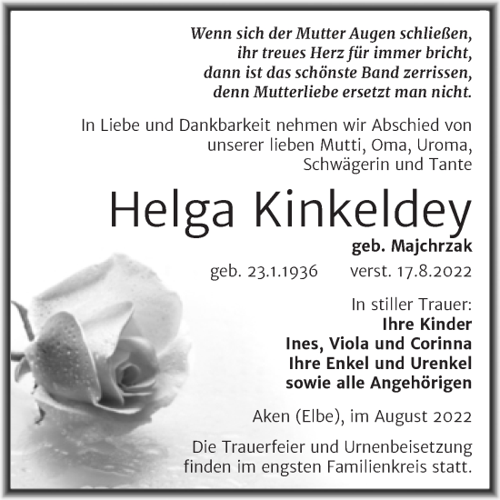 Traueranzeige von Helga Kinkeldey von Trauerkombi Köthen
