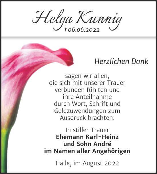 Traueranzeige von Helga Kunnig von Mitteldeutsche Zeitung Halle/Saalkreis