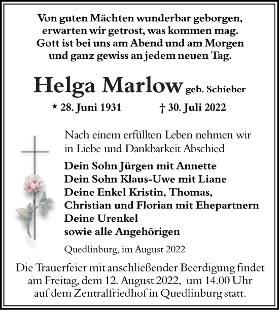Traueranzeige von Helga Marlowgeb. von Trauerkombi Quedlinburg