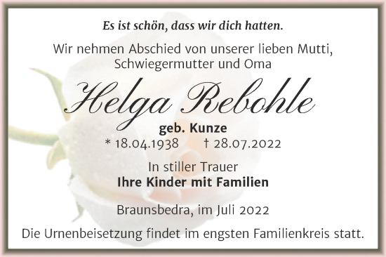 Traueranzeige von Helga Rebohle von Trauerkombi Merseburg