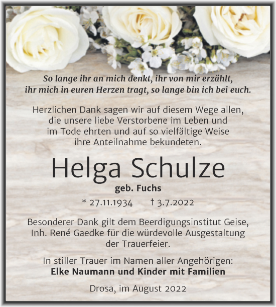 Traueranzeige von Helga Schulze von Trauerkombi Köthen