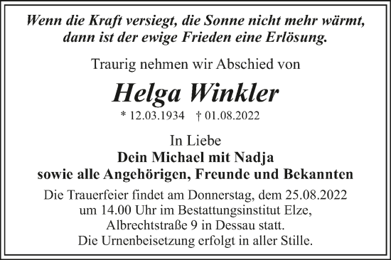 Traueranzeige von Helga Winkler von Trauerkombi Dessau