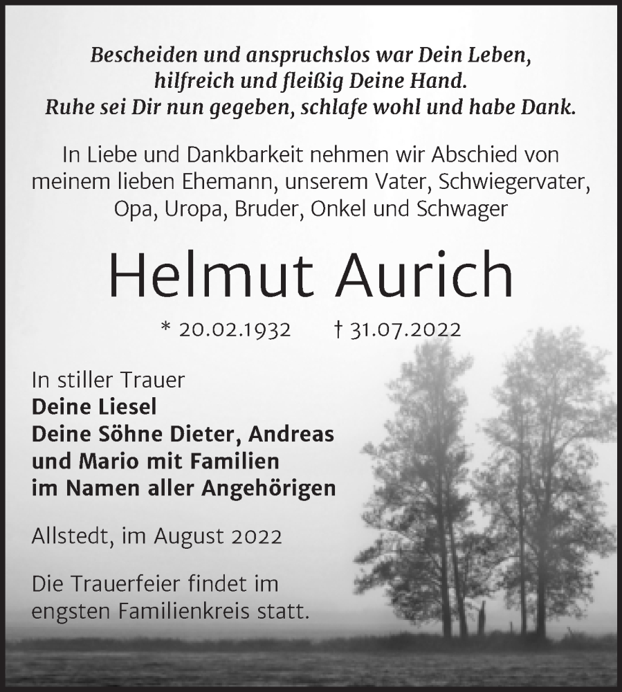  Traueranzeige für Helmut Aurich vom 13.08.2022 aus Trauerkombi Sangerhausen