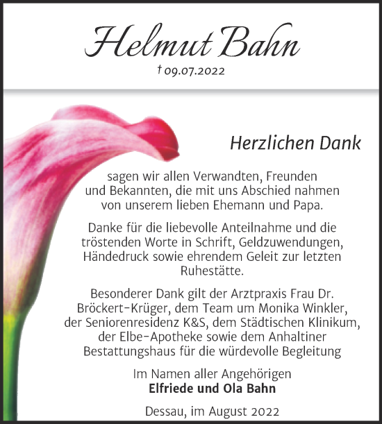 Traueranzeige von Helmut Bahn von Trauerkombi Dessau