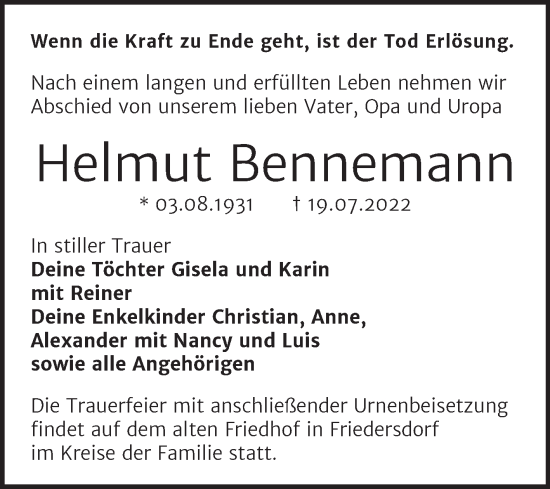 Traueranzeige von Helmut Bennemann von Trauerkombi Bitterfeld