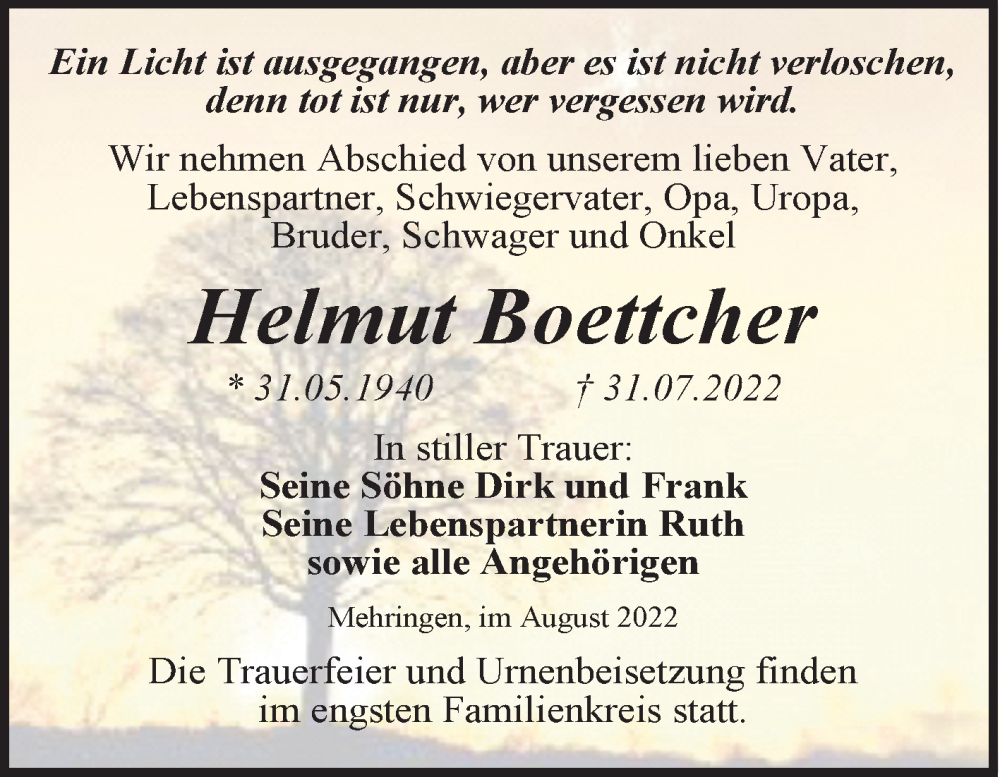  Traueranzeige für Helmut Boettcher vom 05.08.2022 aus Trauerkombi Aschersleben