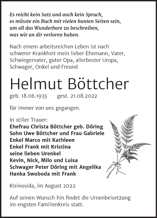 Traueranzeige von Helmut Böttcher von Trauerkombi Zeitz