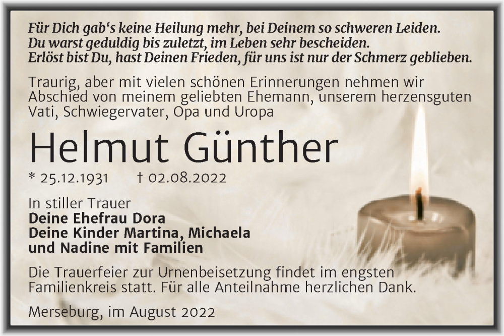  Traueranzeige für Helmut Günther vom 13.08.2022 aus Trauerkombi Merseburg