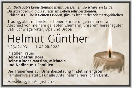 Traueranzeige von Helmut Günther von Trauerkombi Merseburg