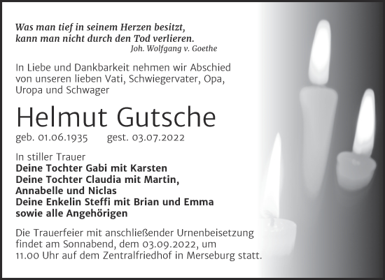 Traueranzeige von Helmut Gutsche von Trauerkombi Merseburg