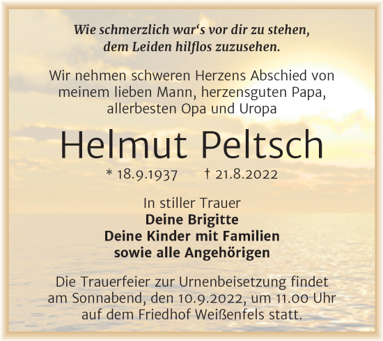 Traueranzeige von Helmut Peltsch von Trauerkombi Merseburg