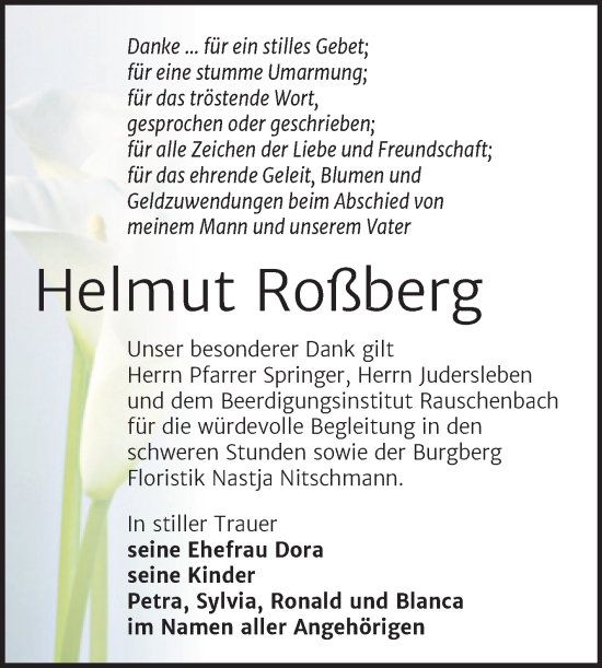 Traueranzeige von Helmut Roßberg von Wochenspiegel Naumburg/Nebra