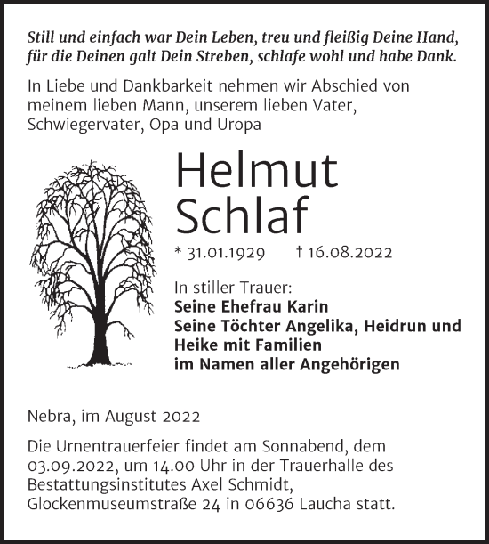 Traueranzeige von Helmut Schlaf von Wochenspiegel Naumburg/Nebra