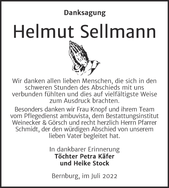 Traueranzeige von Helmut Sellmann von Trauerkombi Bernburg