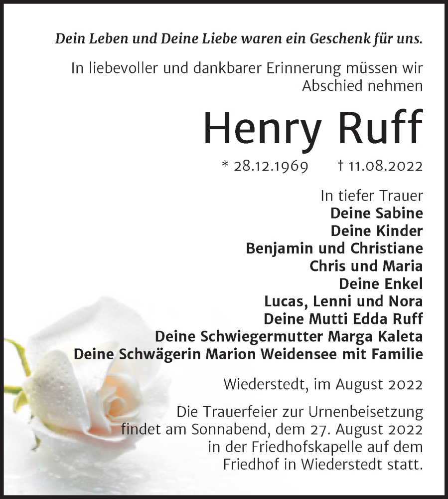  Traueranzeige für Henry Ruff vom 19.08.2022 aus Trauerkombi Mansfelder Land