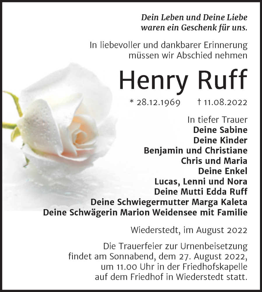  Traueranzeige für Henry Ruff vom 23.08.2022 aus Trauerkombi Mansfelder Land