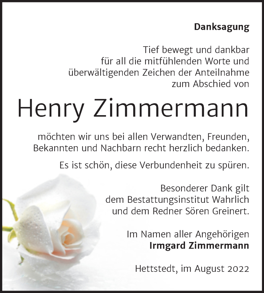  Traueranzeige für Henry Zimmermann vom 19.08.2022 aus Trauerkombi Mansfelder Land