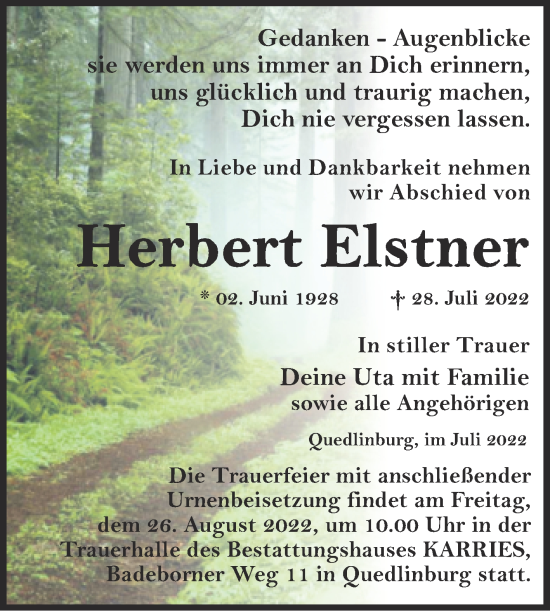 Traueranzeige von Herbert Elstner von Trauerkombi Quedlinburg
