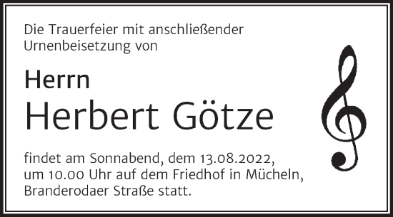 Traueranzeige von Herbert Götze von Trauerkombi Merseburg