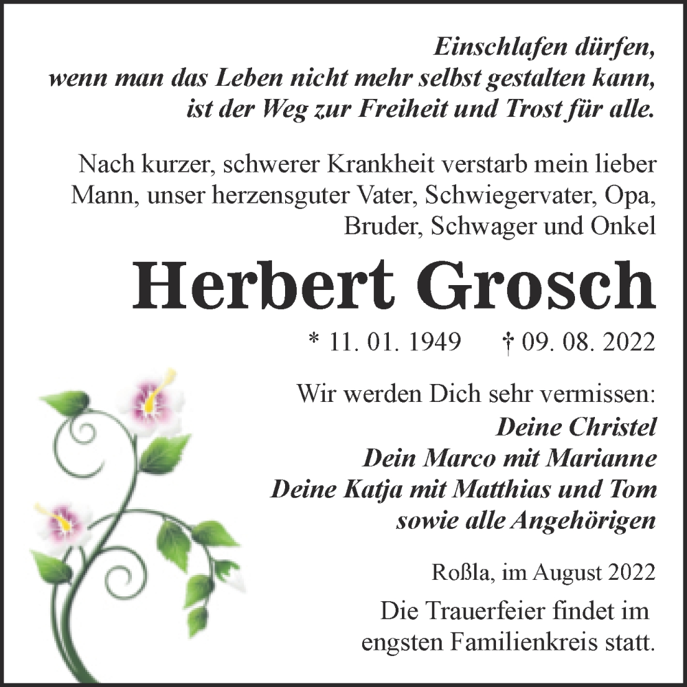  Traueranzeige für Herbert Grosch vom 13.08.2022 aus Trauerkombi Sangerhausen