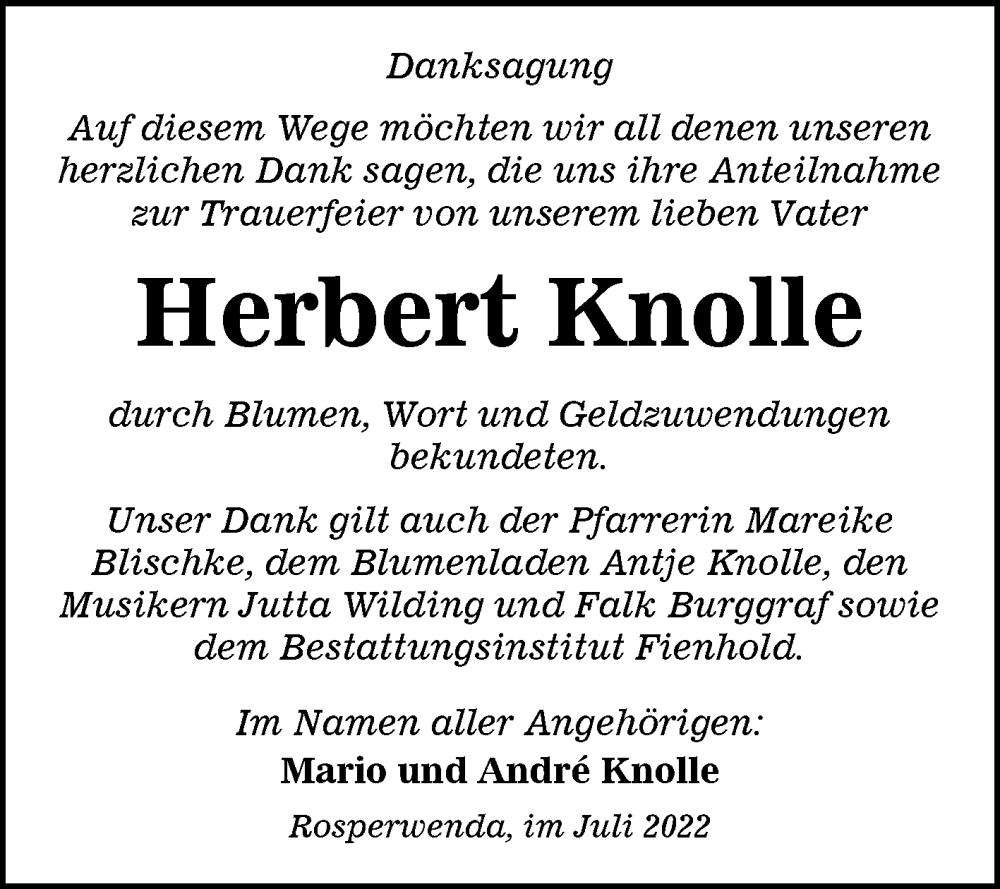  Traueranzeige für Herbert Knolle vom 13.08.2022 aus Trauerkombi Sangerhausen