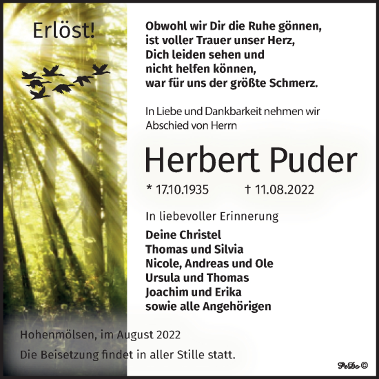 Traueranzeige von Herbert Puder von Trauerkombi Weißenfels