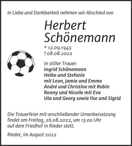 Traueranzeige von Herbert Schönemann von Trauerkombi Quedlinburg