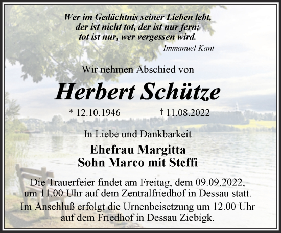 Traueranzeige von Herbert Schütze von Trauerkombi Dessau