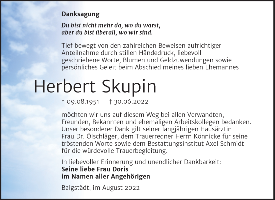 Traueranzeige von Herbert Skupin von Wochenspiegel Naumburg/Nebra
