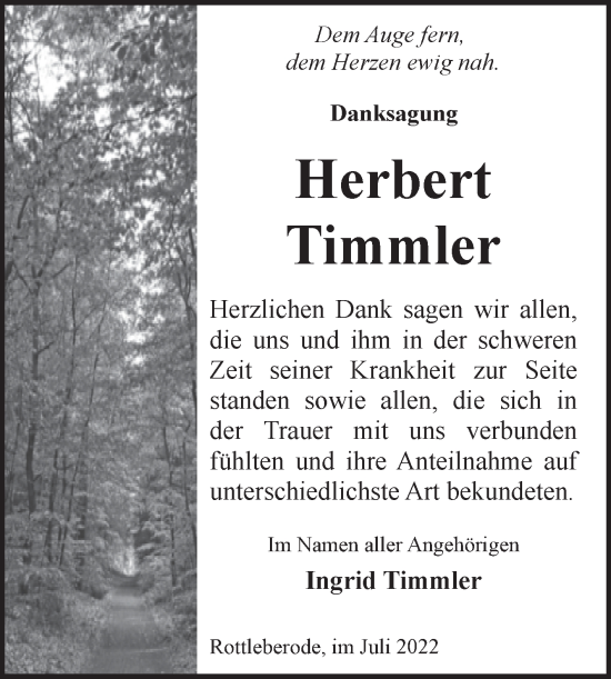 Traueranzeige von Herbert Timmler von Trauerkombi Sangerhausen