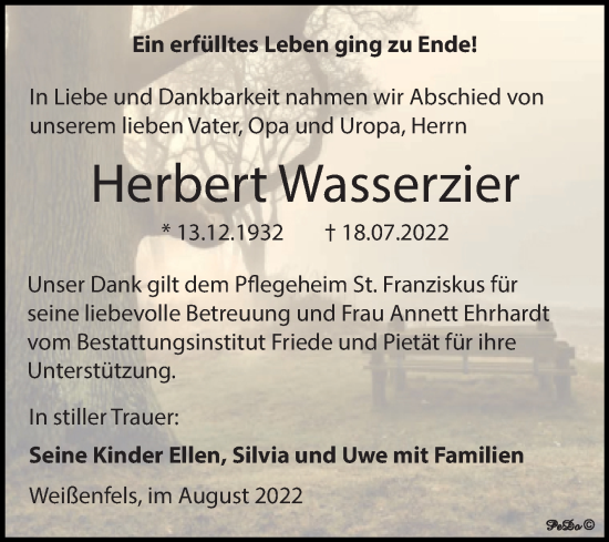 Traueranzeige von Herbert Wasserzier von Trauerkombi Weißenfels